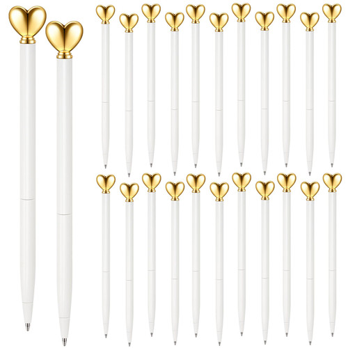 24 Pcs Heart Shaped Pens Retractable Metal Cute Pens 1.0 mm Black Ink Ballpoint Decorative Pens Engagement Gifts for Women School Office Christmas Wedding Bridal Shower Valentine's Day(White, Gold)