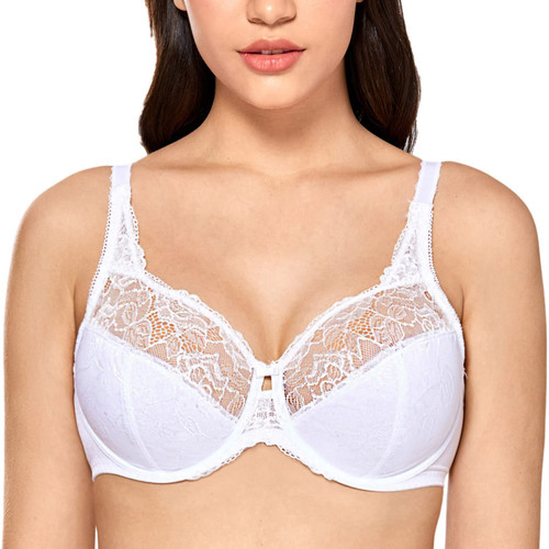 DELIMIRA Women's Plus Size Full Coverage Underwire Unlined Minimizer Lace Bra White 38J
