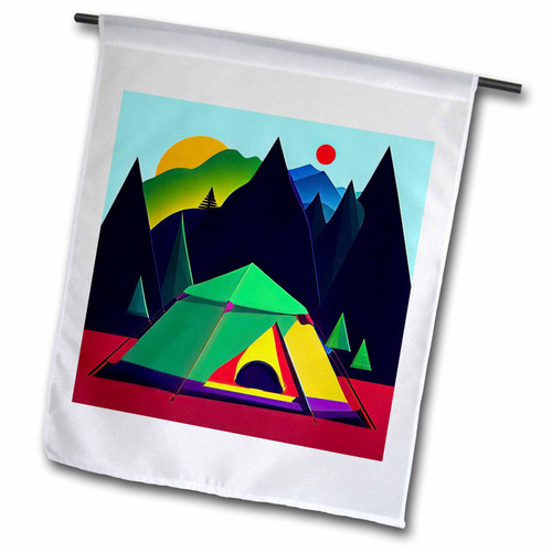 3dRose Green tent, Dark forest, blue mountains. Happy camper gift or card - Flags (fl-379885-1)