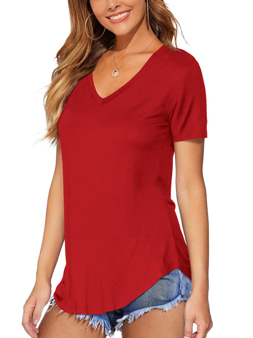 DittyandVibe Women Short Sleeve V Neck Curved Hem Tunic Tops T Shirts (Red,M)