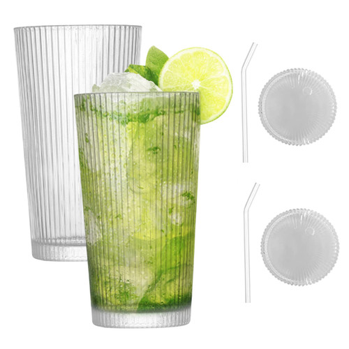 SaltByelif Ice tea glasses glass cups with covers and straws 2pcs 375ml vertical glass glass cup of vertical vessel with straw and coffee lid
