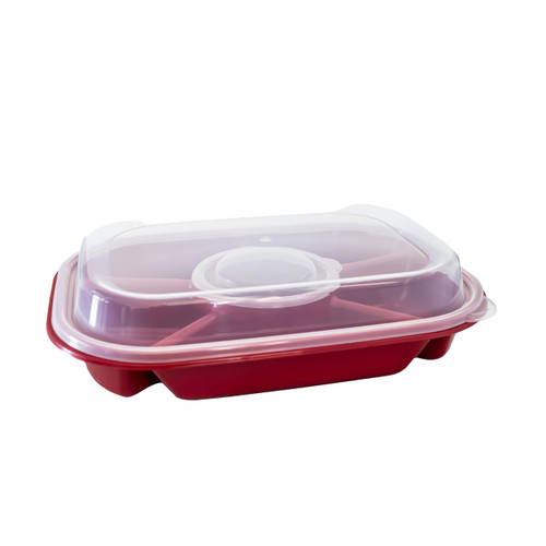 Red Divided Serving Tray with Lid - Includes 6 Compartments for Party Platter, Snackle Box Container, Fruit Tray, Veggie Tray, Chip and Dip Bowl, Appetizers, Desserts, Snacks & More (by Buddeez)