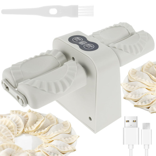 Electric Dumpling Maker, Double Head Dumpling Maker Machine 2 Modes Dumpling Maker Press Silent Automatic Dumpling Machine Non-Slip Bottom Dumpling Maker with Brush Filling Spoon for Home Kitchen