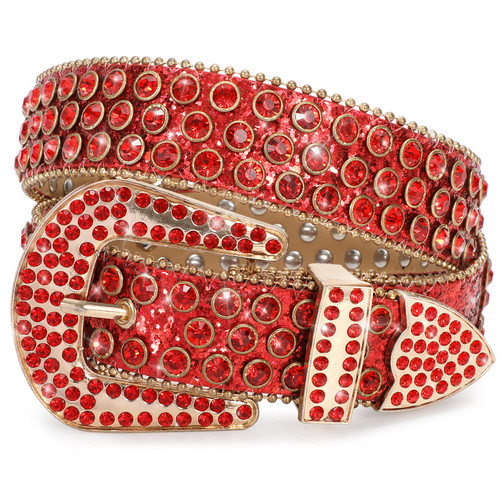 XZQTIVE Rhinestone Studded Western Leather Belt, Men Women Vintage Cowgirl Cowboy Bling Design Crystal Diamond Waist Belts for Pants Jeans Dress(2-Red, Fit waist 30-32 inch)