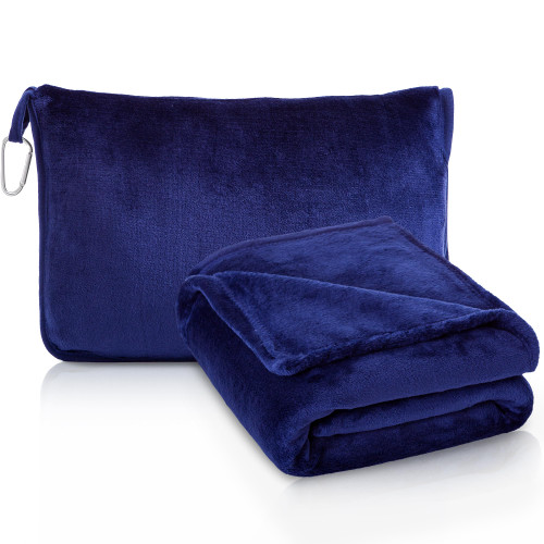 ATsense Travel Blanket Pillow, Premium 2 in 1 Soft Airplane Blanket Compact with Bag Pillowcase, Hand Luggage Sleeve and Backpack Clip - Essentials for Long Flights and Car Travel, Navy Blue