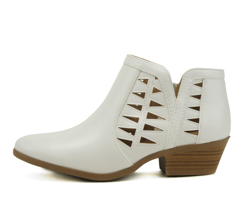 Soda CHANCE Womens Perforated Cut Out Stacked Block Heel Ankle Booties (7, Off White PU, numeric_7)