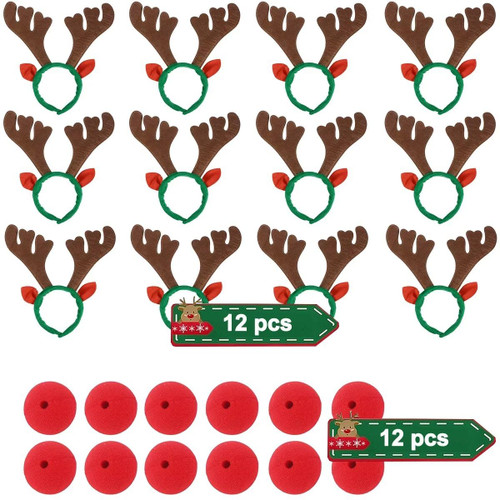 LOSYHU 12Pcs Christmas Headband Reindeer Antlers Headband and 12Pcs Red Clown Nose, Xmas Hair Bands, Christmas Antlers Hair Hoop for Halloween Christmas Party Decorations LOSYHU 12Pcs Christmas Headband Reindeer Antlers Headband and 12Pcs Red Clown Nose, Xmas Hair Bands, Christmas Antlers Hair Hoop for Halloween Christmas Party Decorations