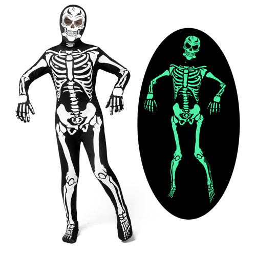 Spooktacular Creations Kids Skeleton Costume, Black Glow in the Dark Skeleton Hooded Bodysuit for Boys, Girls Halloween Dress Up, Role Play, Cosplay Party-S