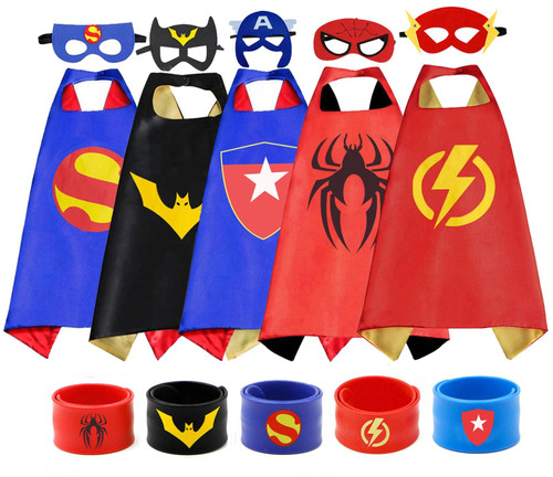 COTATERO Kids Dress Up Superhero Capes Sets & Slap Bracelets for Children Costumes Halloween Birthday Gifts Party (5PCS)