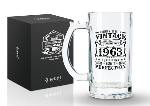 Onebttl 1963 Birthday Gifts for Men, 60th Birthday Gifts for Men, Vintage 1963 Limited Edition, Aged to Perfection, 60th Birthday Beer Glass with Handle, Beer Mug 17OZ/500ML