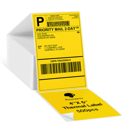 Phomemo Yellow Shipping Labels- 4X6'' Thermal Shipping Labels -Fan-Fold Labels for Shipping Labels, Address, Mail, Product Logo Labels, Barcode, 500pcs
