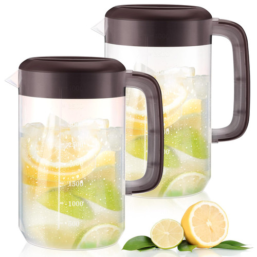 2Pcs Plastic Pitcher with Lid Large Clear Water Carafe Jug Ice Tea Pitcher Lemonade Juice Beverage Jar with Strainer Cover Handle Measurements for Hot Cold Coffee Drink (Coffee,1 Gallon/4L)