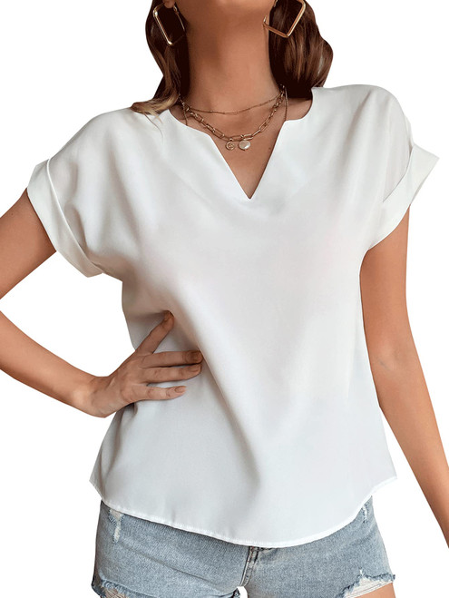 LYANER Women's Casual Notched V Neck Rolled Short Sleeve Work Blouse T-Shirt Top White X-Large