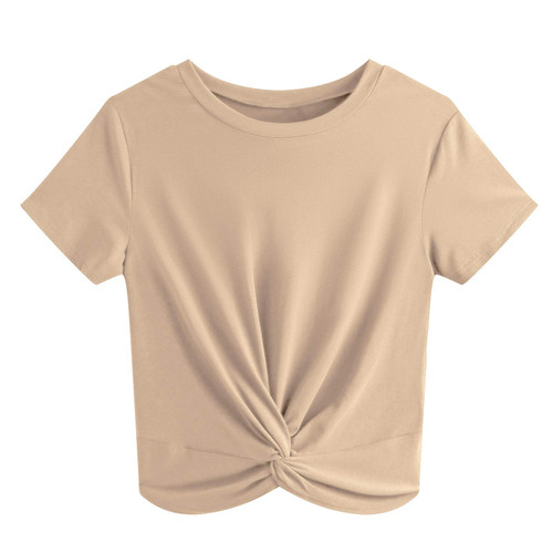 JINKESI Women's Summer Causal Short Sleeve Blouse Round Neck Crop Tops Twist Front Tee T-Shirt Khaki-Large