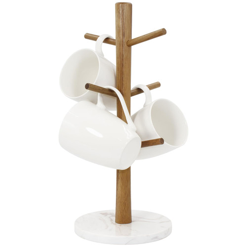 Buruis Wood Mug Holder, Marble Base Cup Rack Tree, Mug Stand Hanger, Kitchen Coffee Mug Tree Countertop Tea Cups Holder Stand, Coffee Cup Dryer with 6 Hooks (Round base White)