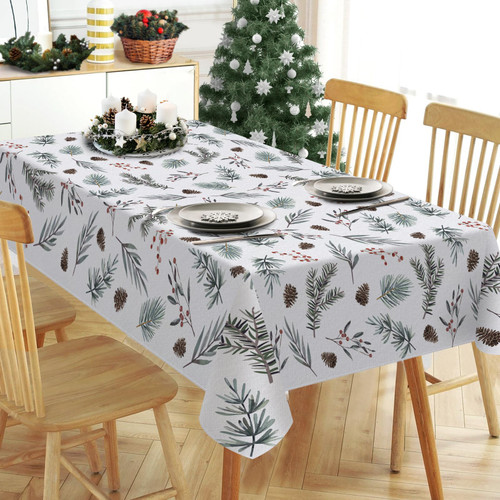 Tailus Winter Pine Tree Leaves Rectangle Tablecloth 60 x 84 Inch, Leaf Pine Cone Red Berry Decorative Table Cloth Farmhouse Dining Table Cover, Christmas Holiday Dinner Party Picnic Decoration