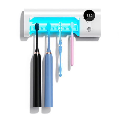UV Toothbrush Sanitizer, UOXV Toothbrush Sterilizer Holder w/Sterilization & Timing Functions, Rechargeable Toothbrush Cleaner Punch-Free Wall Mounted Toothbrush Holder for Bathroom