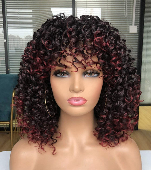 PRETTIEST Afro Curly Wig Ombre Burgundy Wig with Bangs for Black Women Short Curly Wig Natural Looking for Daily Wear, 22.5 Inch (Pack of 1)