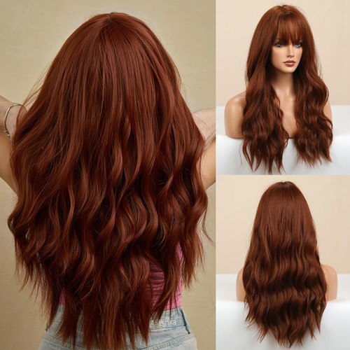 BERON Red Brown Wigs Long Wavy Women Wigs with Bangs Auburn Curly Heat Resistant Synthetic Wigs for Daily Wigs Wig Cap Included BERON Red Brown Wigs Long Wavy Women Wigs with Bangs Auburn Curly Heat Resistant Synthetic Wigs for Daily Wigs Wig Cap Included