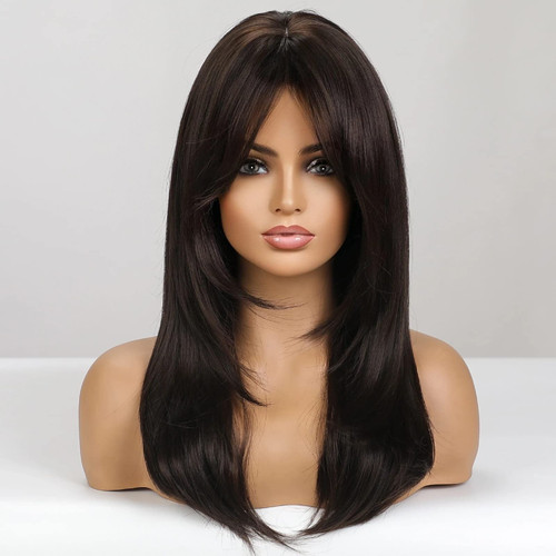 BERON Dark Brown Wigs Long Wavy Wigs Brown Wig Layered Wigs Brown Wigs Shoulder Length Heat Resistant Synthetic Wigs for Women with Bangs Wig Cap Include BERON Dark Brown Wigs Long Wavy Wigs Brown Wig Layered Wigs Brown Wigs Shoulder Length Heat Resistant Synthetic Wigs for Women with Bangs Wig Cap Include