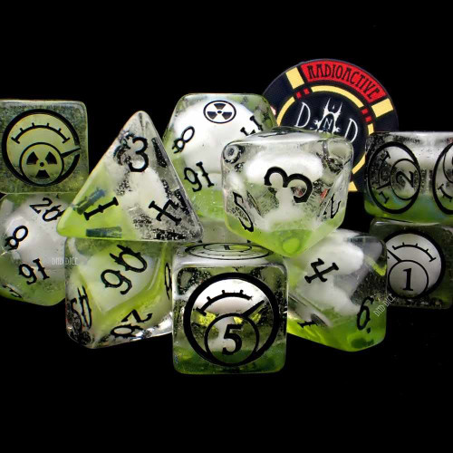 DND DICE | Nuclear Fallout Exclusive 11 Dice Set with Collectors Poker Chip | Glow in The Dark Wasteland Nuclear Meltdown Themed Polyhedral Dice Set