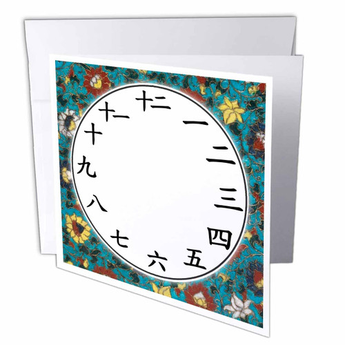 3dRose Chinese Clock face - Kanji Numbers - Blue Asian Floral - Red... - Greeting Cards (gc-362965-1)