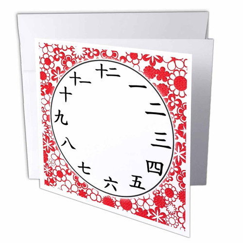 3dRose Japanese Clock face - Kanji Numbers - Red Flower pattern... - Greeting Cards (gc-362972-1)