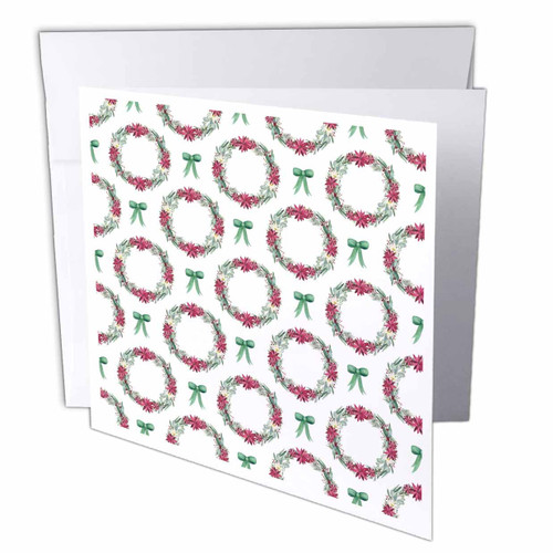 3dRose Pretty Red and Green Bows and Christmas Wreaths Pattern - Greeting Cards (gc-370817-1)