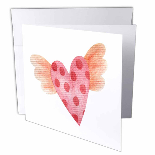 3dRose Cute Red and Orange Polka Dot Heart With Wings Illustration - Greeting Cards (gc-372946-1)