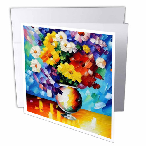 3dRose A bunch of red, white, yellow, blue flowers in a ceramic vase... - Greeting Cards (gc-378661-1)