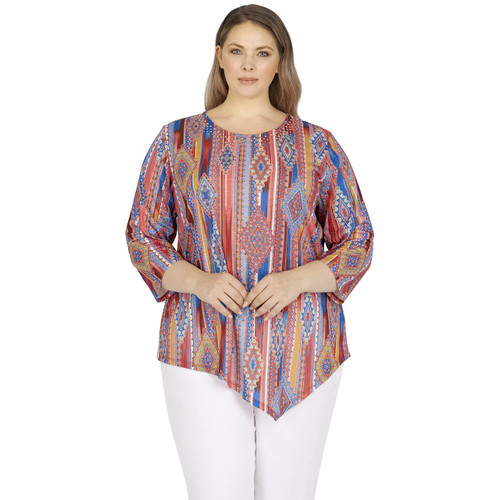 Ruby Rd. Womens Plus-Size A-Symmetric Sublimation Top Cinnabar Multi Size 1X