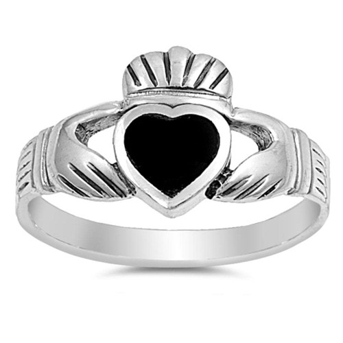 Simulated Black Onyx Claddagh Heart Promise Ring New .925 Sterling Silver Band Size 9