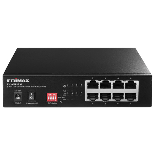 Edimax ES-1008PHE V2 Long Range 8 Port Fast Ethernet Switch with 4 PoE+ Ports, Supports Long Range Up to 200M, Port-Base VLAN, QoS, Auto-detect PD, Total 60W with External Power Adapter