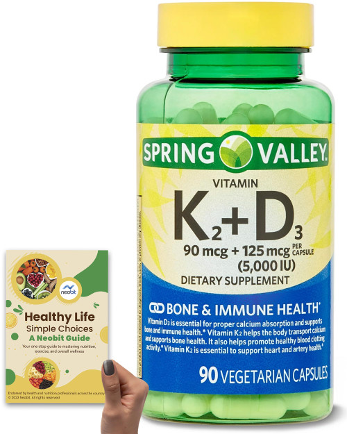 Spring Valley Vitamin K2 (90mcg) + D3 (125mcg) Vegetarian Capsules, 90 Count - Dietary Supplement - Bundle with 'Healthy Life, Simple Choices: Guide' (2 Items)