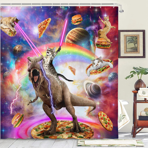 Funny Cat Shower Curtain, Cool Cat Riding Dinosaur on Fantasy Galaxy Space Shower Curtain, Cute Hilarious Outer Universe Anime Fabric Boys Girls Shower Curtain for Bathroom with 12PCS Hooks, 60X70IN