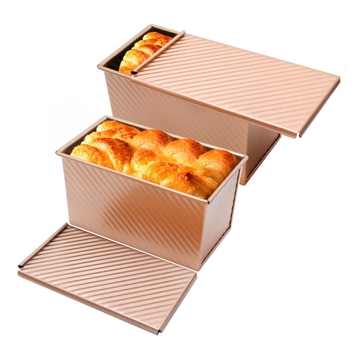 DUZFOREI 2pcs Loaf Pan with Lid,1lb Non-Stick Bread Pan,Bakeware Durable Carbon Steel Bread Toast Mold, Carbon Steel Corrugated Bread Toast Box for Bakeware,Homemade Cakes, Baking Breads and Meatloaf