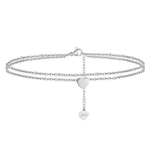 BVELA 925 Sterling Silver Boho Summer Beach Ankle Bracelet Dainty Foot Chain Adjustable Heart Anklet Double Layer for Women Teen Girls