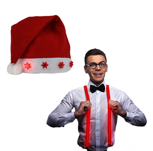 blinkee 2 in 1 Bundle Christmas Santa Hat with Light Up Snowflakes and Light Up Red LEDs Suspenders