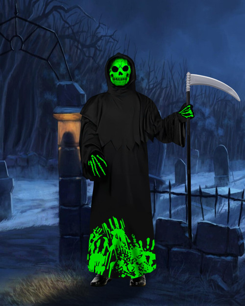 Woochic Grim Reaper Costume for Kids, Scary Halloween Costumes with Scythe, Glow in the Dark Costume for Kids Boys Girls (black, l)
