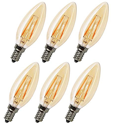 Bulbright LED Candelabra Bulb, Dimmable C35 2W LED Filament Candle Bulb, E12 Base, Warm White 2700K, LED Light Bulb 20W Equivalent, 110-120VAC, 6 Pack (2 Watt, Bullet Top-Amber Cover)