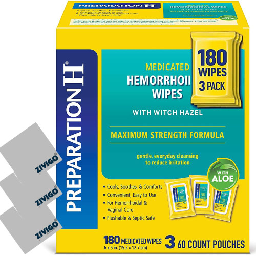 3 PreparationH Medicated Hemorrhoidal Flushable Wipes Maximum Strength Relief with Witch Hazel and Aloe, 60 Ct - Duvilo Bundled with 3 Lens Cleaning Cloth,