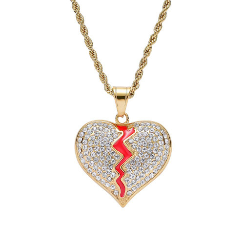 Moca Jewelry Hip-Hop Broken Heart Pendant Stainless Steel Chain Rhinestone Crystal Necklace for Men Women (Gold)