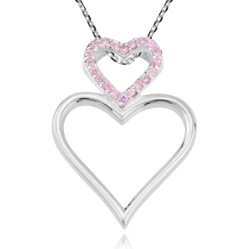 AeraVida Sparkling Romance Two Stacked Hearts Pink CZ .925 Sterling Silver Necklace