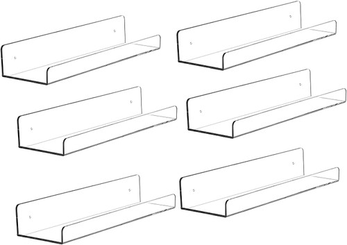 15 inch Clear Acrylic Floating Wall Ledge Shelf Display,6pcs Wall Mounted Nursery Kids Bookshelf Invisible Spice Rack, Bathroom Storage Shelves Display for Bedroom Office Toy Picture Ledge, 5MM Thick