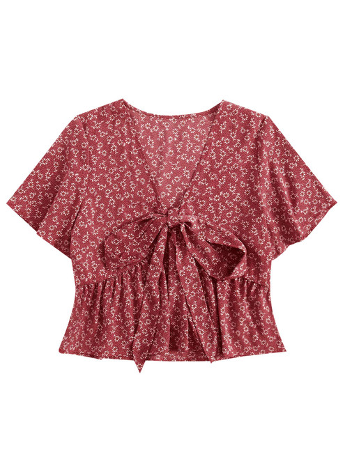LYANER Women's Floral Print V Neck Tie Knot Ruffle Hem Short Sleeve Blouse Peplum Top Red Large