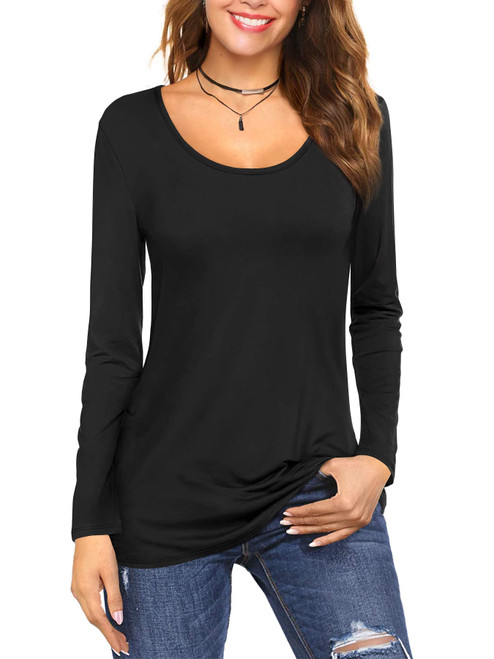 Amoretu Ladies Long Sleeve Cotton T Shirts Plain Scoop Neck Tee Tops Black S