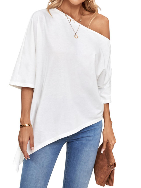 Rooscier Women's One Shoulder Short Sleeve Asymmetrical Hem Loose Casual Blouse Top White X-Large