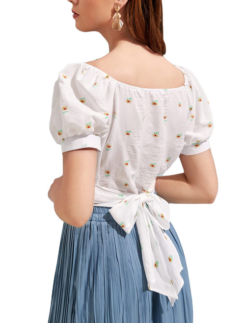 Floerns Women's Boho Sweetheart Neck Puff Short Sleeve Tie Back Blouse Crop Top White L
