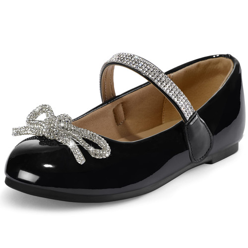 K KomForme Girl's Bow Mary Jane Dress Shoes Ballet Princess Flats with Rhinestone Strap for Party Wedding School?Toddler/Little Kid/Big Kid? Black