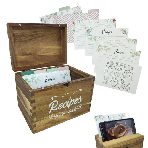 JY HOME GOODS Wooden Recipe Box With Cards And Dividers - Store and Organize your Recipe Cards and Box Set, Vintage Recipe Box 5x7, Recipe Organizer, Recipe Keeper, Recipe Card Holder and Phone Holder